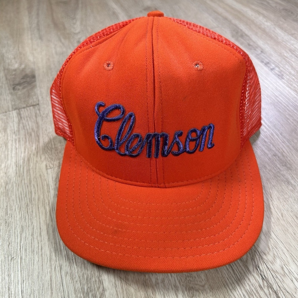 VTG 80s Clemson Tigers Script Snapback Hat College AJD Orange Trucker Cap USA